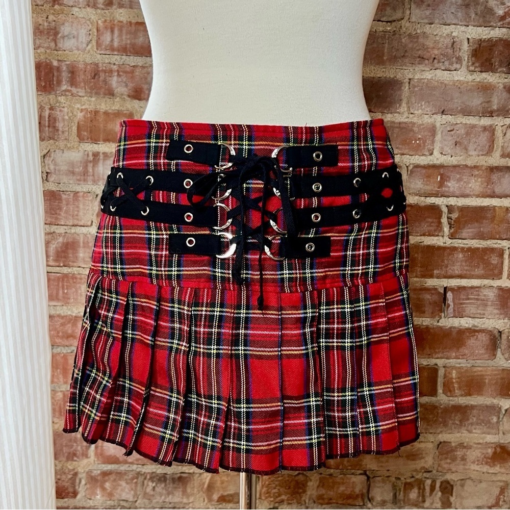 Tripp NYC Y2K Grunge, Emo Plaid Red Skirt w/ Black Lace-Up Detail -Size L -SK06